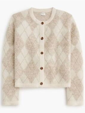 J.Crew Argyle Wool Blend Cardigan Beige Taupe Preppy Button Sweater M